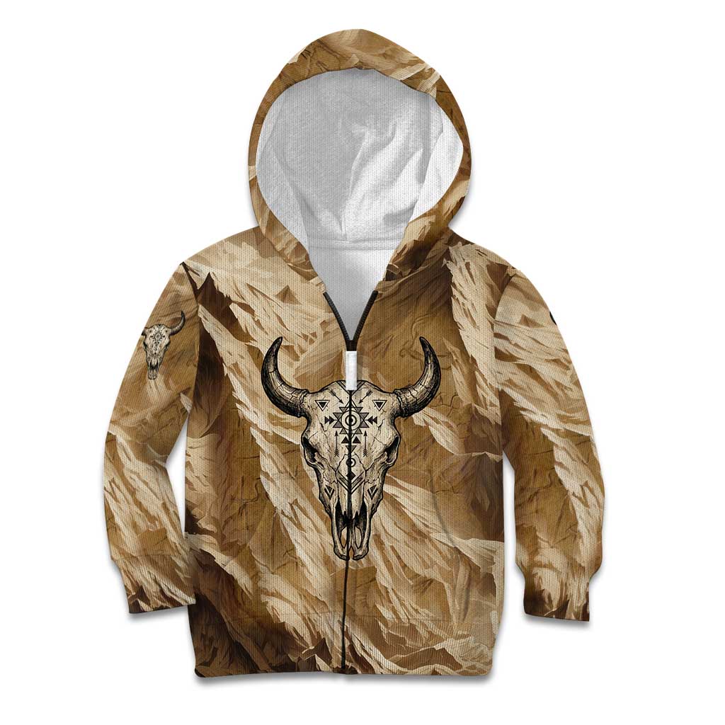 Buffalo Skull Native American Kid Hoodie Tribal Symbols and Mountain Scene Great Herd and Plains Guardians - Wonder Print Shop