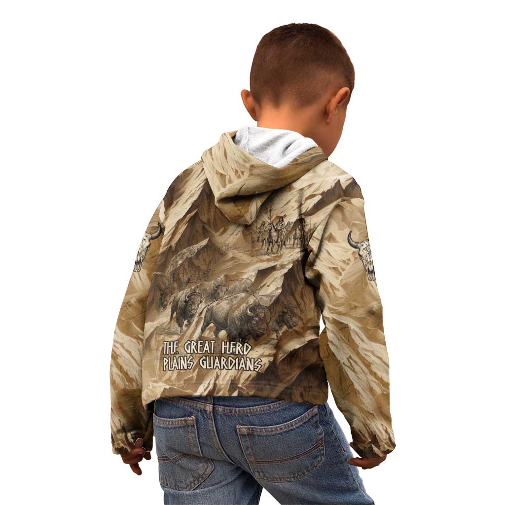 Buffalo Skull Native American Kid Hoodie Tribal Symbols and Mountain Scene Great Herd and Plains Guardians - Wonder Print Shop