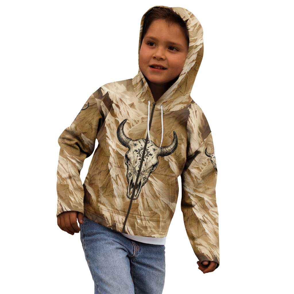 Buffalo Skull Native American Kid Hoodie Tribal Symbols and Mountain Scene Great Herd and Plains Guardians - Wonder Print Shop