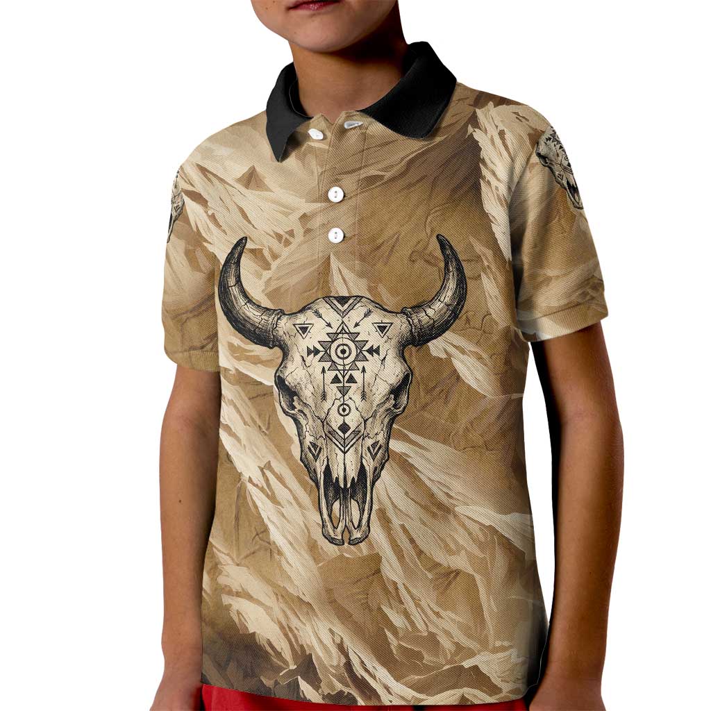 Buffalo Skull Native American Kid Polo Shirt Tribal Symbols and Mountain Scene Great Herd and Plains Guardians - Wonder Print Shop