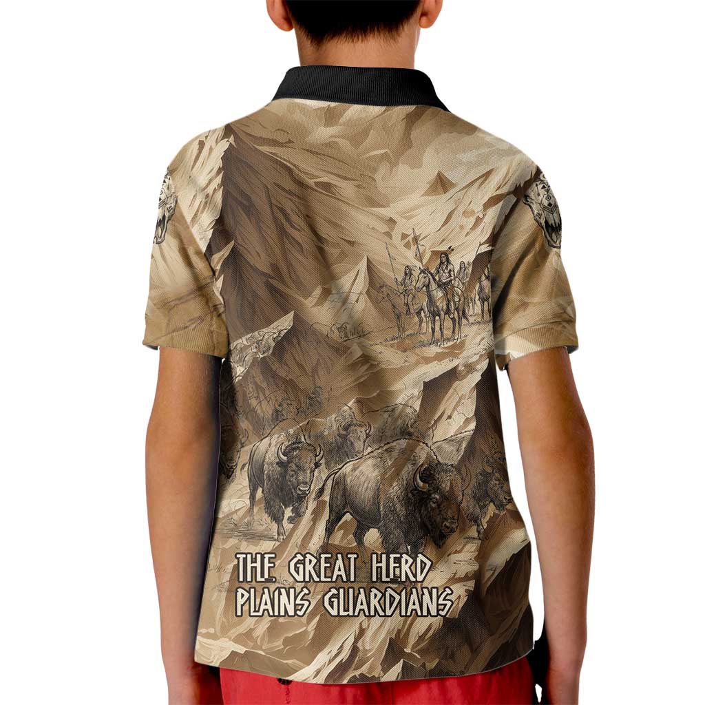 Buffalo Skull Native American Kid Polo Shirt Tribal Symbols and Mountain Scene Great Herd and Plains Guardians - Wonder Print Shop