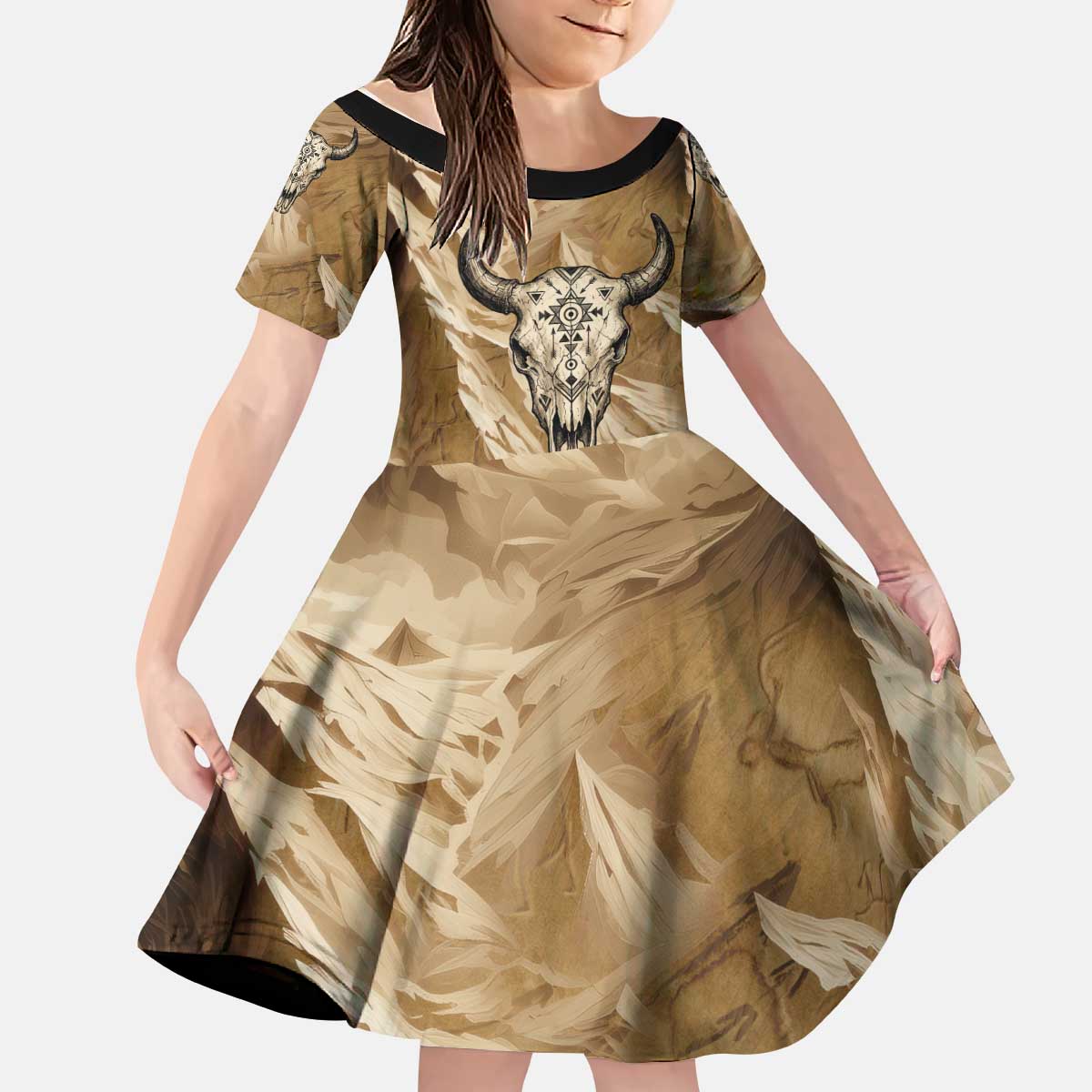 Buffalo Skull Native American Kid Short Sleeve Dress Tribal Symbols and Mountain Scene Great Herd and Plains Guardians - Wonder Print Shop