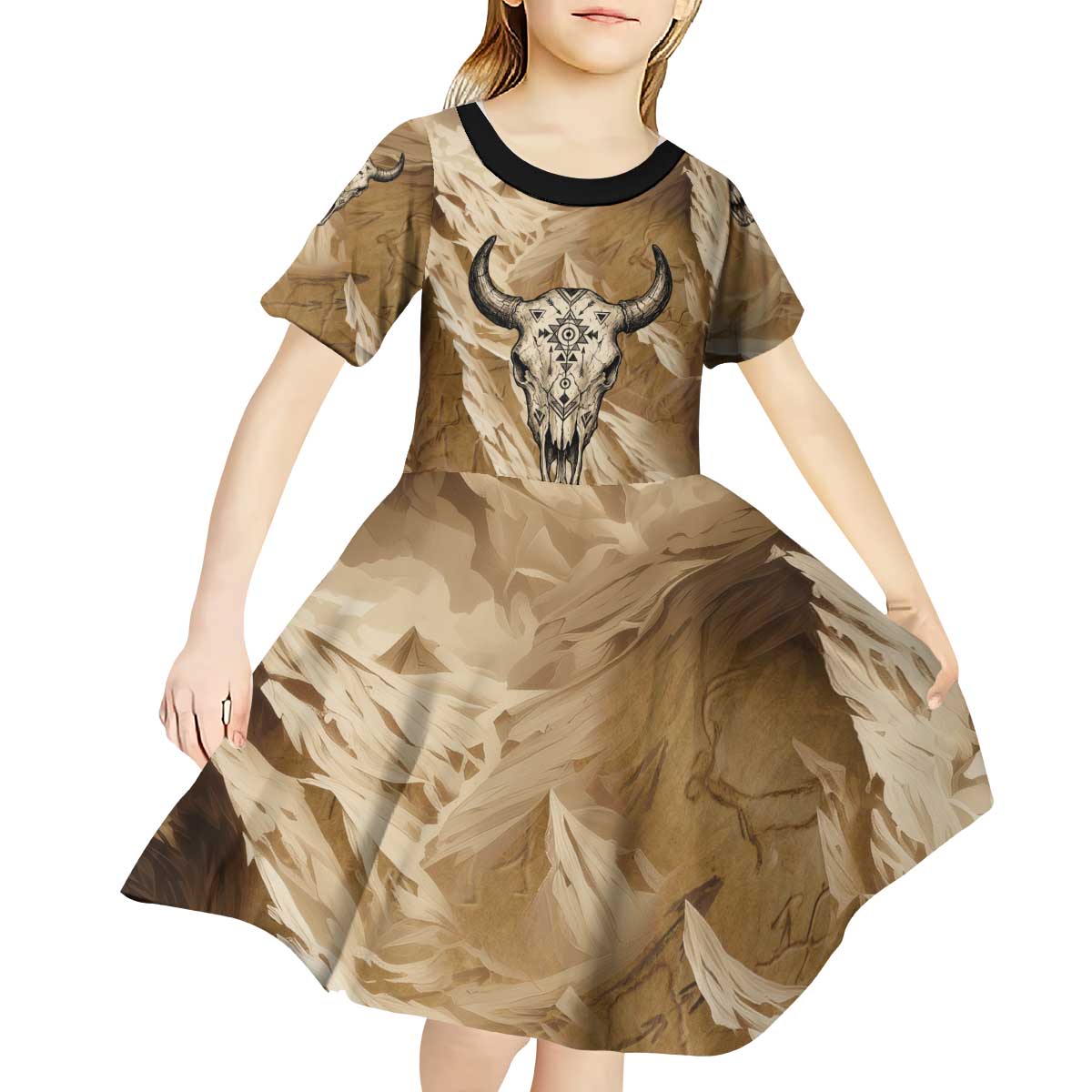 Buffalo Skull Native American Kid Short Sleeve Dress Tribal Symbols and Mountain Scene Great Herd and Plains Guardians - Wonder Print Shop