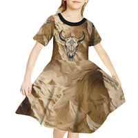 Buffalo Skull Native American Kid Short Sleeve Dress Tribal Symbols and Mountain Scene Great Herd and Plains Guardians - Wonder Print Shop