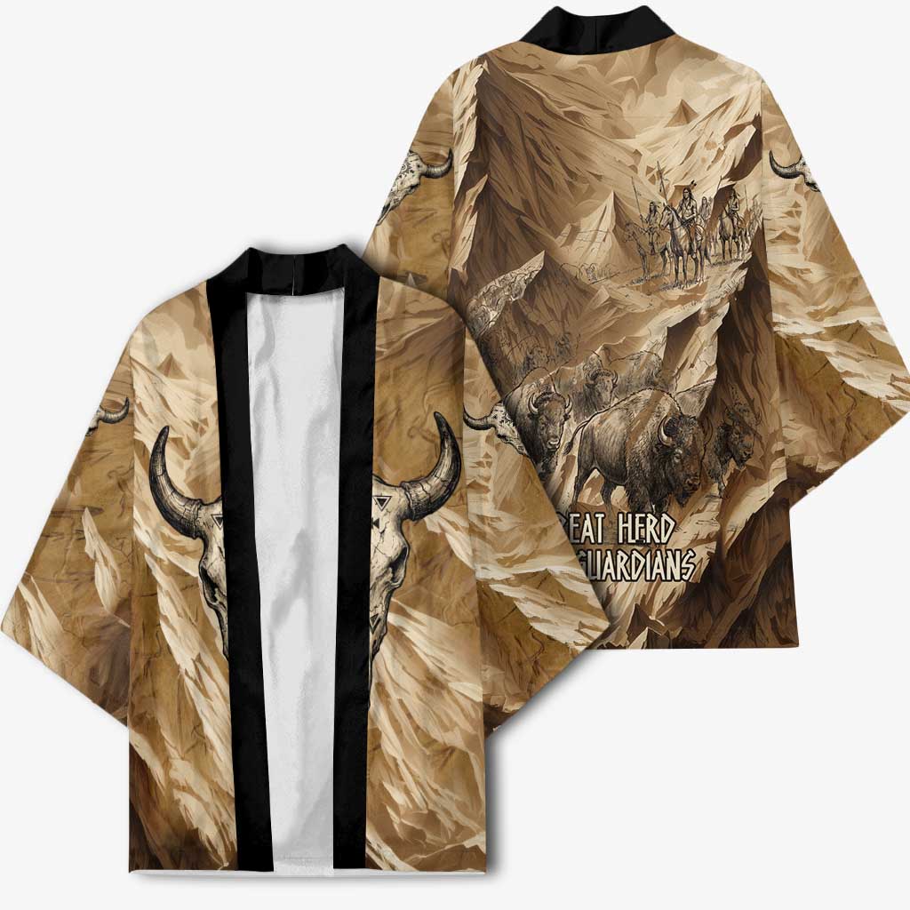 Buffalo Skull Native American Kimono Tribal Symbols and Mountain Scene Great Herd and Plains Guardians - Wonder Print Shop