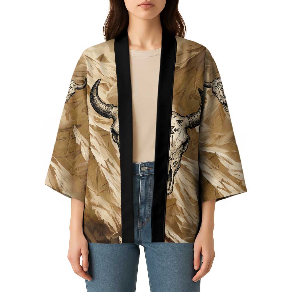 Buffalo Skull Native American Kimono Tribal Symbols and Mountain Scene Great Herd and Plains Guardians - Wonder Print Shop