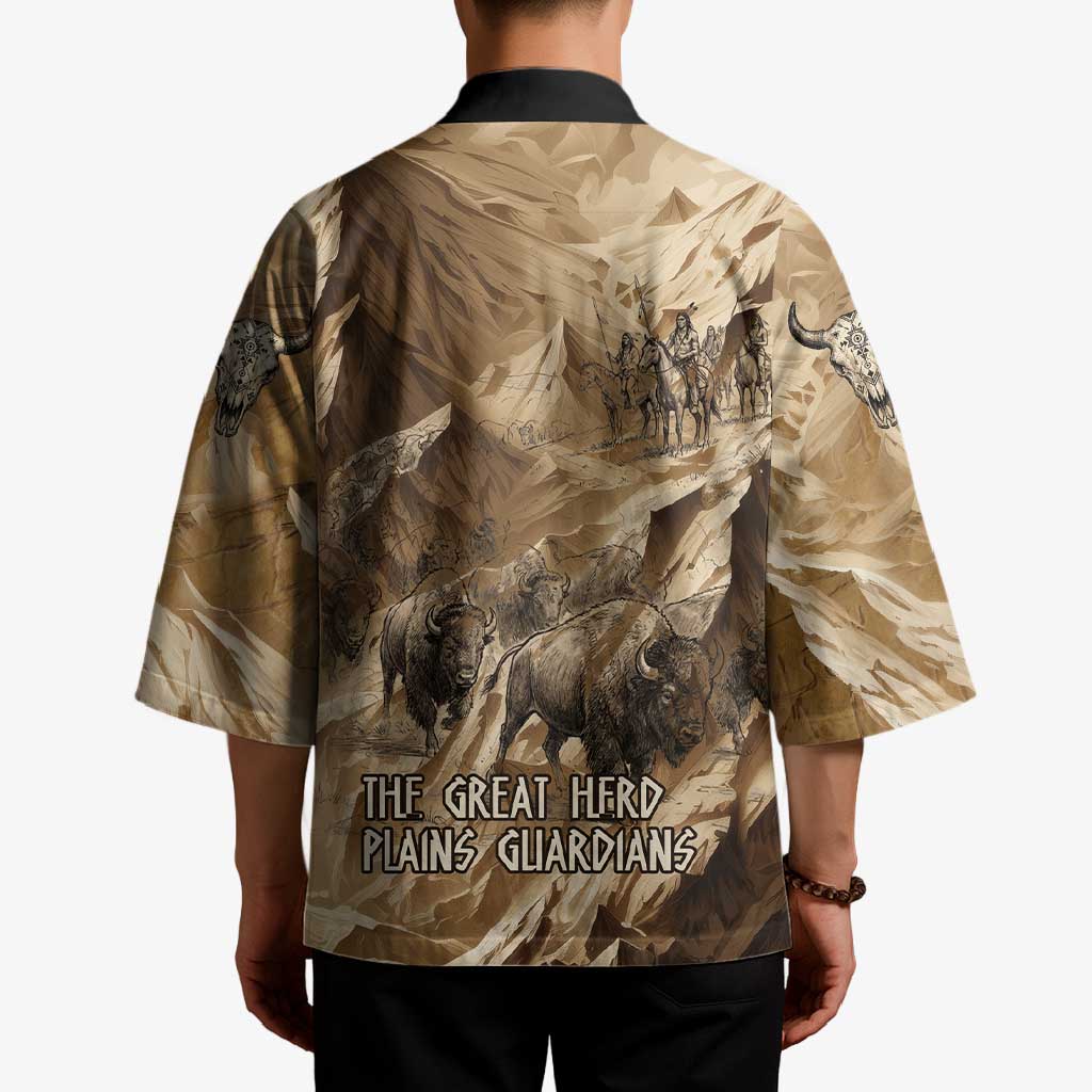 Buffalo Skull Native American Kimono Tribal Symbols and Mountain Scene Great Herd and Plains Guardians - Wonder Print Shop