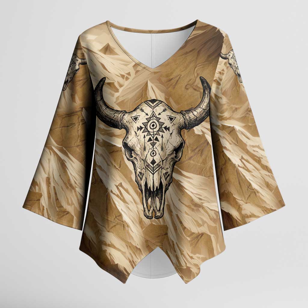 Buffalo Skull Native American Kimono Sleeve Blouse Tribal Symbols and Mountain Scene Great Herd and Plains Guardians - Wonder Print Shop