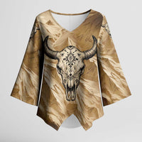 Buffalo Skull Native American Kimono Sleeve Blouse Tribal Symbols and Mountain Scene Great Herd and Plains Guardians - Wonder Print Shop