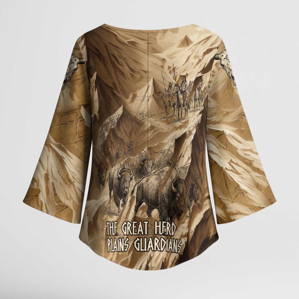 Buffalo Skull Native American Kimono Sleeve Blouse Tribal Symbols and Mountain Scene Great Herd and Plains Guardians - Wonder Print Shop