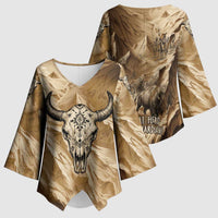 Buffalo Skull Native American Kimono Sleeve Blouse Tribal Symbols and Mountain Scene Great Herd and Plains Guardians - Wonder Print Shop