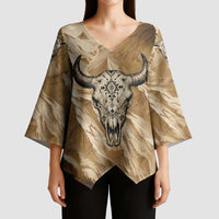 Buffalo Skull Native American Kimono Sleeve Blouse Tribal Symbols and Mountain Scene Great Herd and Plains Guardians - Wonder Print Shop
