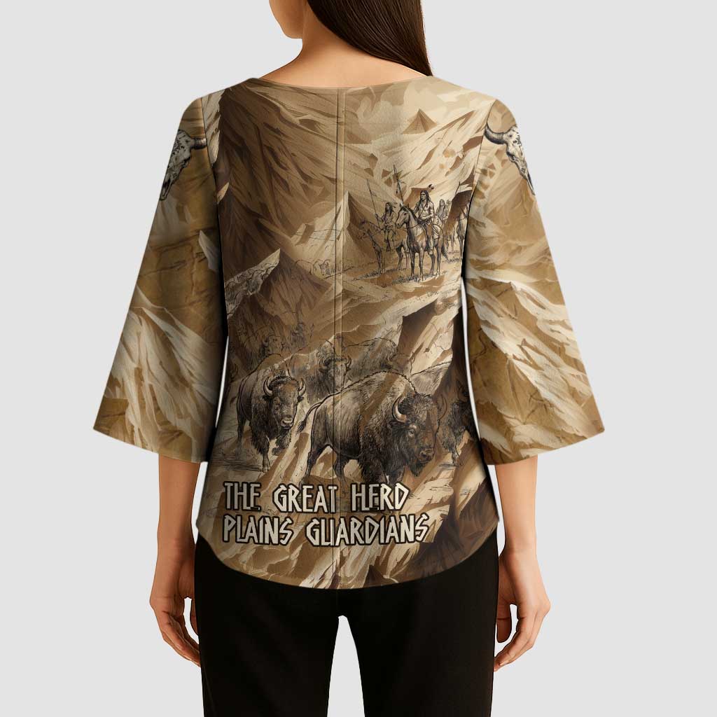 Buffalo Skull Native American Kimono Sleeve Blouse Tribal Symbols and Mountain Scene Great Herd and Plains Guardians - Wonder Print Shop