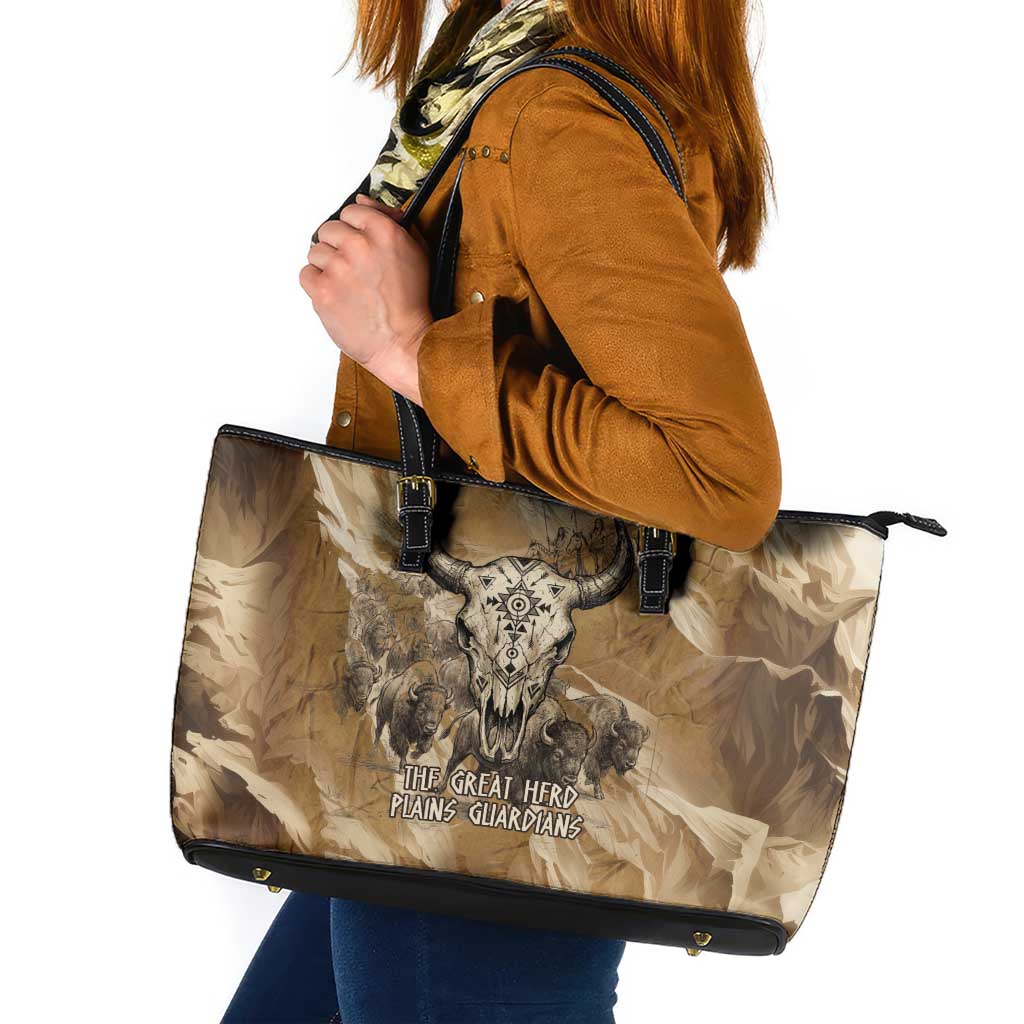 Buffalo Skull Native American Leather Tote Bag Tribal Symbols and Mountain Scene Great Herd and Plains Guardians - Wonder Print Shop