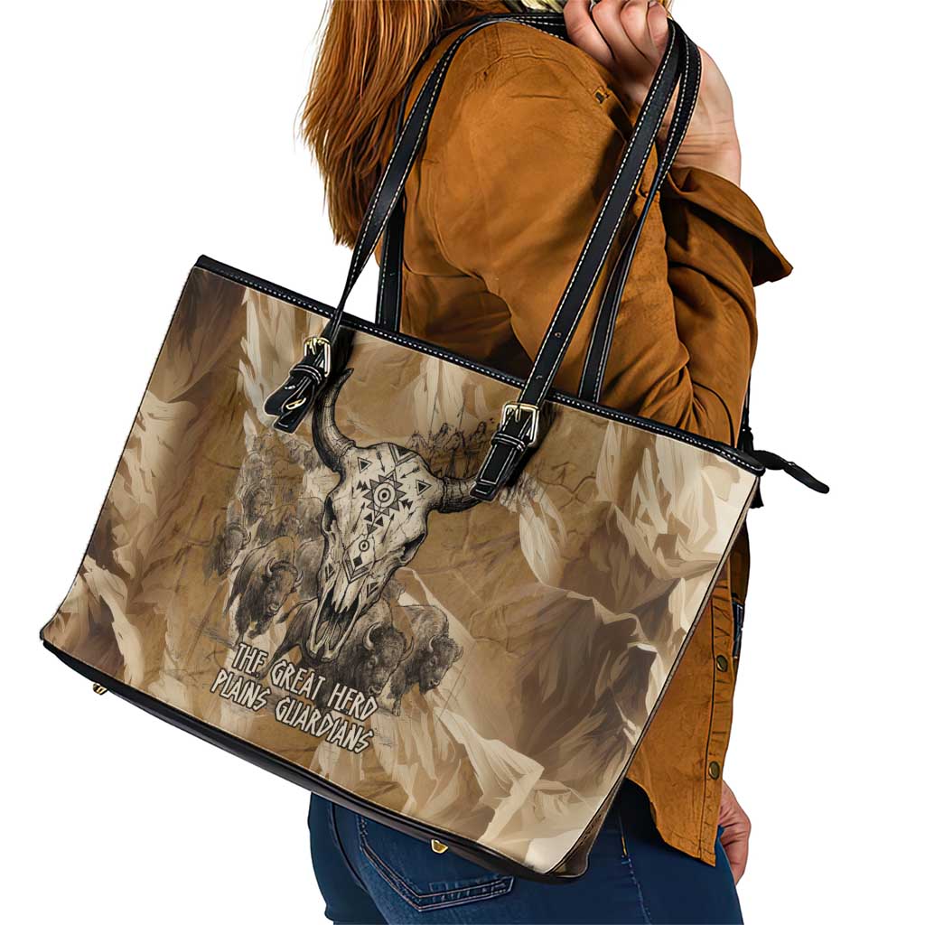 Buffalo Skull Native American Leather Tote Bag Tribal Symbols and Mountain Scene Great Herd and Plains Guardians - Wonder Print Shop