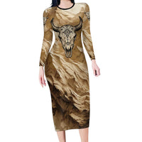 Buffalo Skull Native American Long Sleeve Bodycon Dress Tribal Symbols and Mountain Scene Great Herd and Plains Guardians - Wonder Print Shop