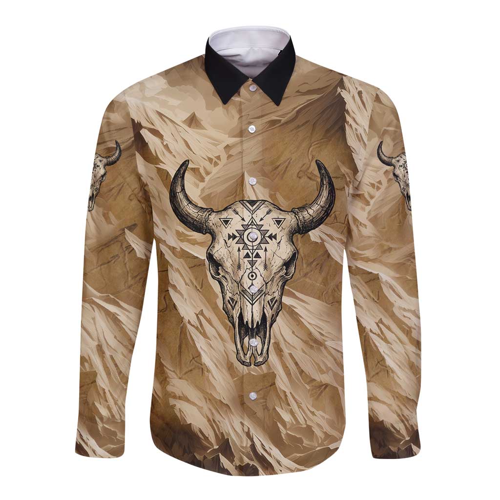 Buffalo Skull Native American Long Sleeve Button Shirt Tribal Symbols and Mountain Scene Great Herd and Plains Guardians - Wonder Print Shop