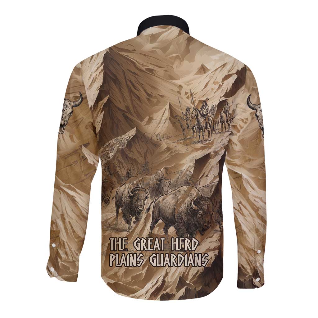 Buffalo Skull Native American Long Sleeve Button Shirt Tribal Symbols and Mountain Scene Great Herd and Plains Guardians - Wonder Print Shop