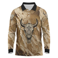 Buffalo Skull Native American Long Sleeve Polo Shirt Tribal Symbols and Mountain Scene Great Herd and Plains Guardians - Wonder Print Shop