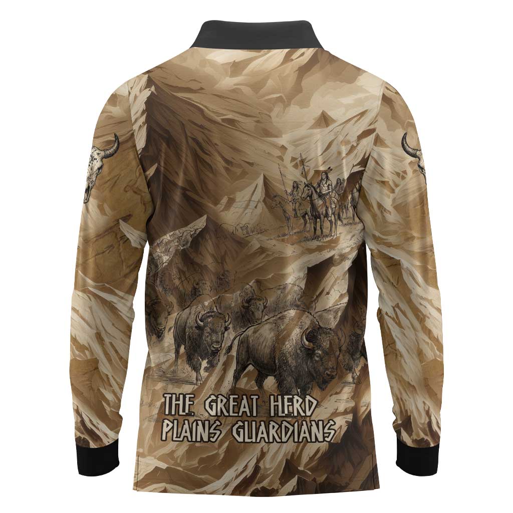 Buffalo Skull Native American Long Sleeve Polo Shirt Tribal Symbols and Mountain Scene Great Herd and Plains Guardians - Wonder Print Shop