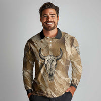 Buffalo Skull Native American Long Sleeve Polo Shirt Tribal Symbols and Mountain Scene Great Herd and Plains Guardians - Wonder Print Shop