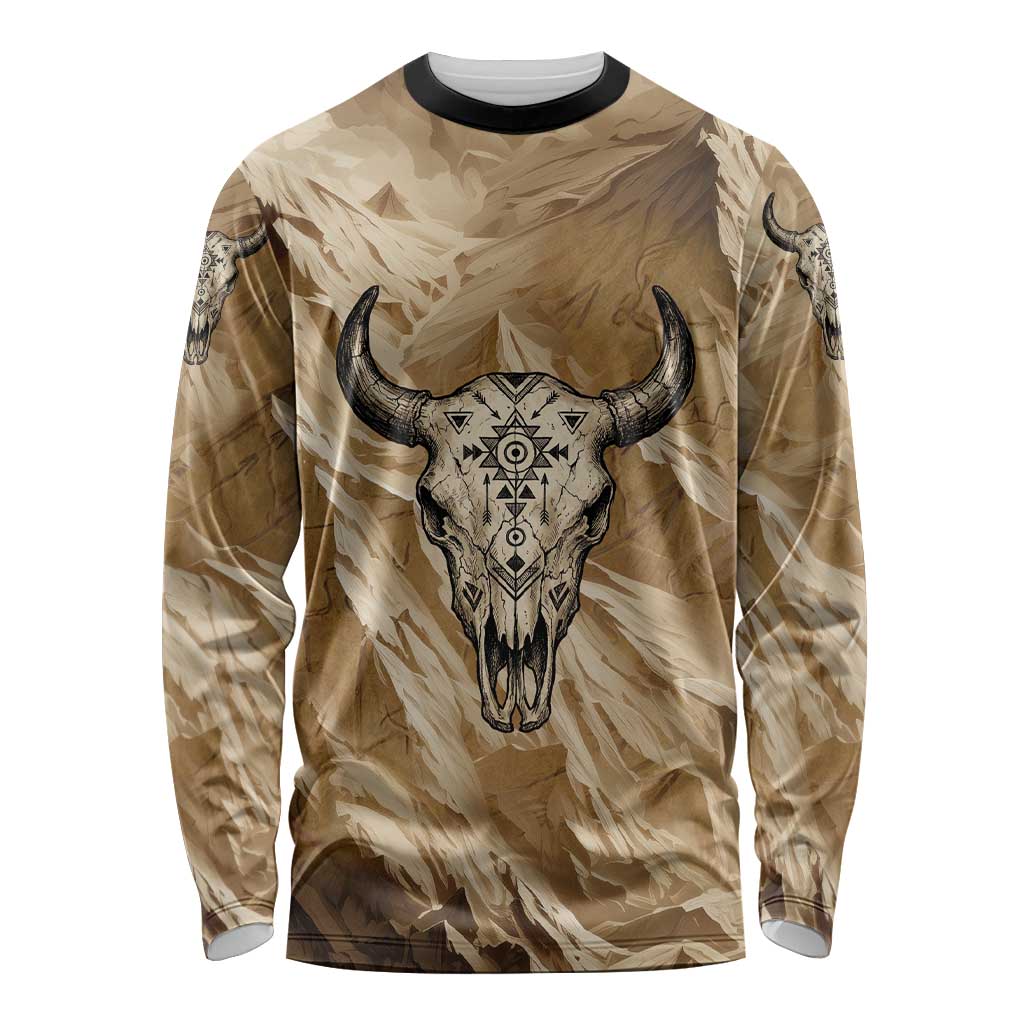 Buffalo Skull Native American Long Sleeve Shirt Tribal Symbols and Mountain Scene Great Herd and Plains Guardians - Wonder Print Shop