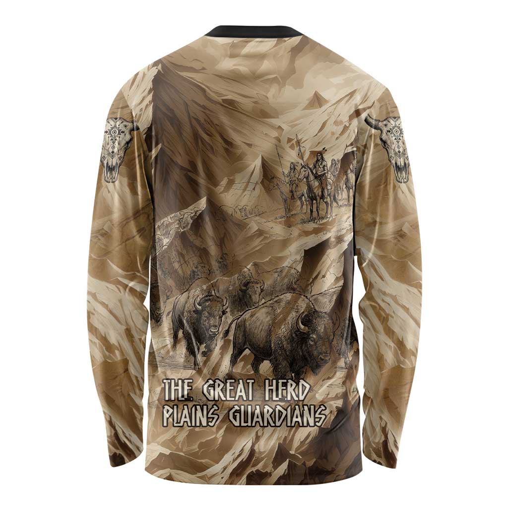 Buffalo Skull Native American Long Sleeve Shirt Tribal Symbols and Mountain Scene Great Herd and Plains Guardians - Wonder Print Shop