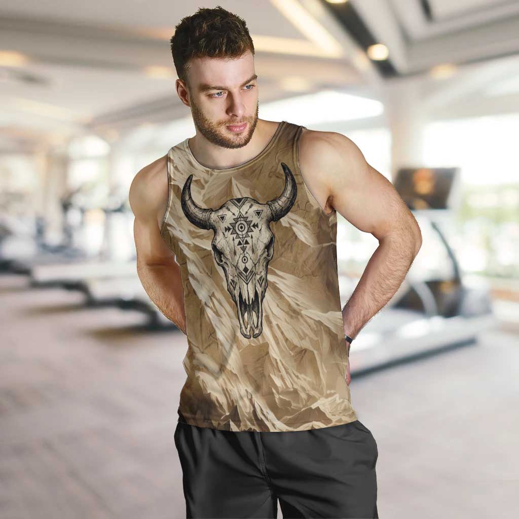 Buffalo Skull Native American Men Tank Top Tribal Symbols and Mountain Scene Great Herd and Plains Guardians - Wonder Print Shop