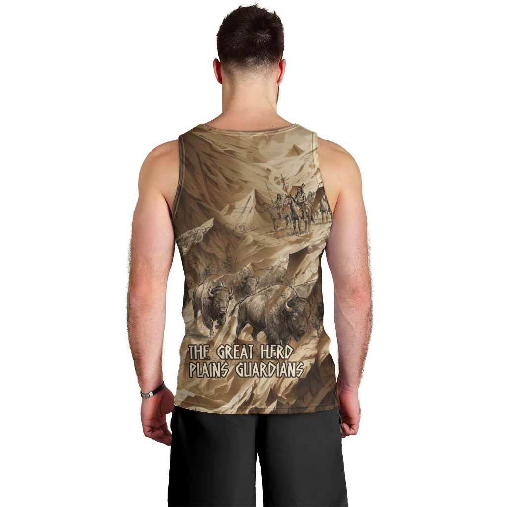 Buffalo Skull Native American Men Tank Top Tribal Symbols and Mountain Scene Great Herd and Plains Guardians - Wonder Print Shop