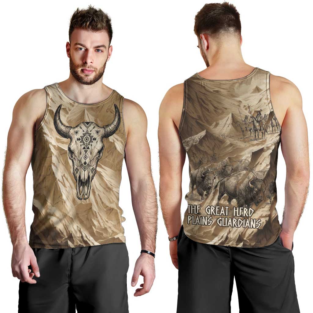 Buffalo Skull Native American Men Tank Top Tribal Symbols and Mountain Scene Great Herd and Plains Guardians - Wonder Print Shop