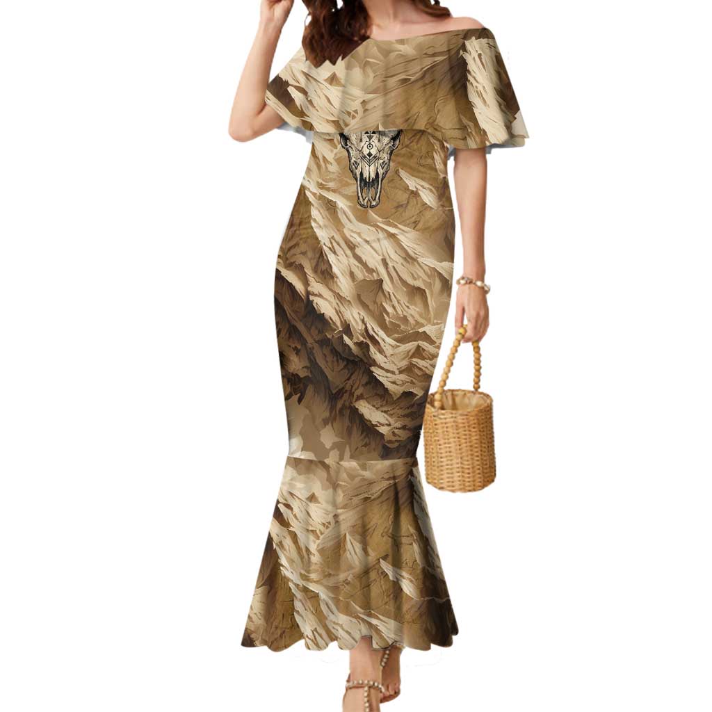 Buffalo Skull Native American Mermaid Dress Tribal Symbols and Mountain Scene Great Herd and Plains Guardians - Wonder Print Shop
