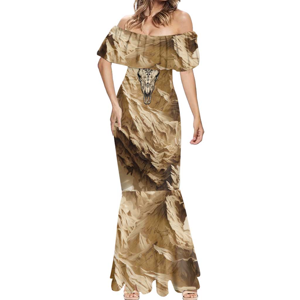 Buffalo Skull Native American Mermaid Dress Tribal Symbols and Mountain Scene Great Herd and Plains Guardians - Wonder Print Shop