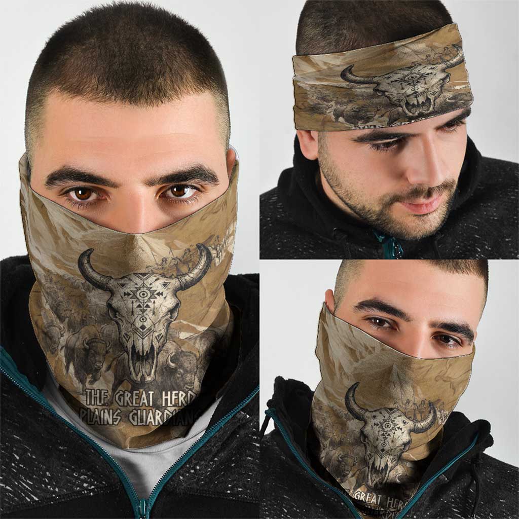 Buffalo Skull Native American Neck Gaiter Tribal Symbols and Mountain Scene Great Herd and Plains Guardians - Wonder Print Shop