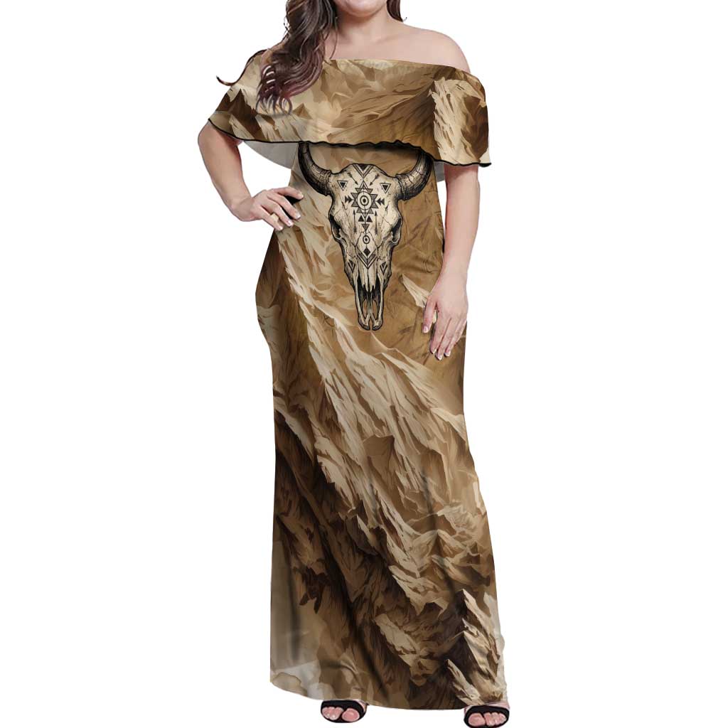 Buffalo Skull Native American Off Shoulder Maxi Dress Tribal Symbols and Mountain Scene Great Herd and Plains Guardians - Wonder Print Shop