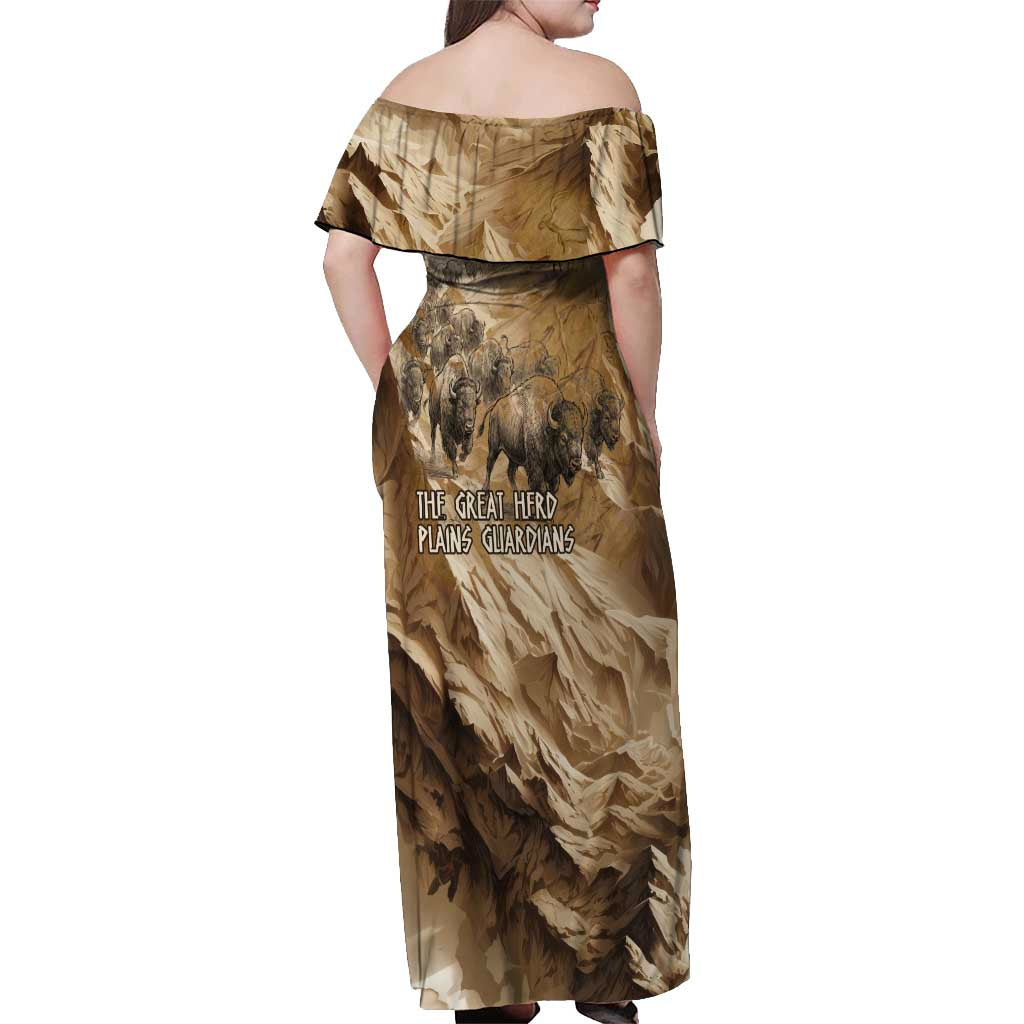 Buffalo Skull Native American Off Shoulder Maxi Dress Tribal Symbols and Mountain Scene Great Herd and Plains Guardians - Wonder Print Shop
