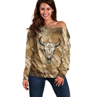 Buffalo Skull Native American Off Shoulder Sweater Tribal Symbols and Mountain Scene Great Herd and Plains Guardians - Wonder Print Shop