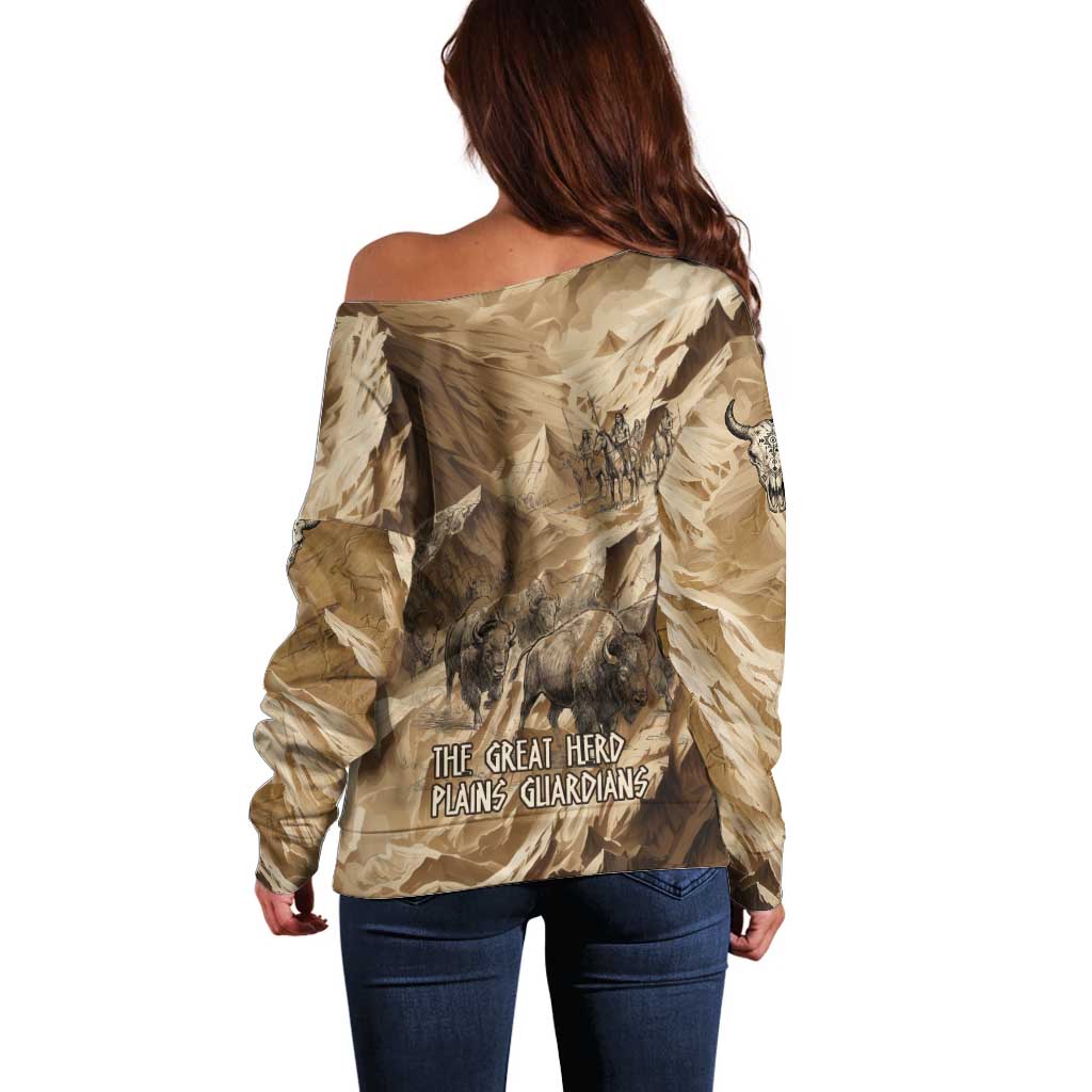 Buffalo Skull Native American Off Shoulder Sweater Tribal Symbols and Mountain Scene Great Herd and Plains Guardians - Wonder Print Shop