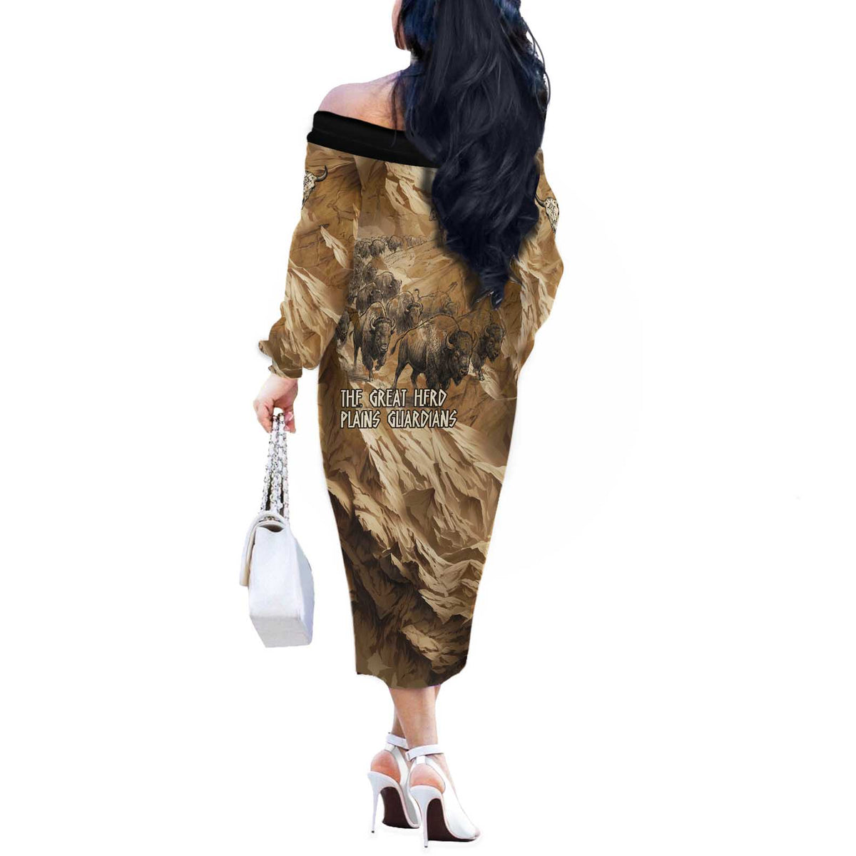 Buffalo Skull Native American Off The Shoulder Long Sleeve Dress Tribal Symbols and Mountain Scene Great Herd and Plains Guardians - Wonder Print Shop