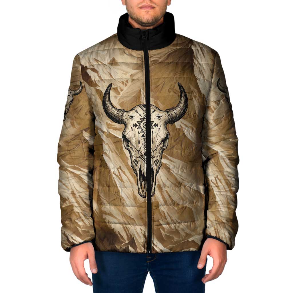 Buffalo Skull Native American Padded Jacket Tribal Symbols and Mountain Scene Great Herd and Plains Guardians - Wonder Print Shop