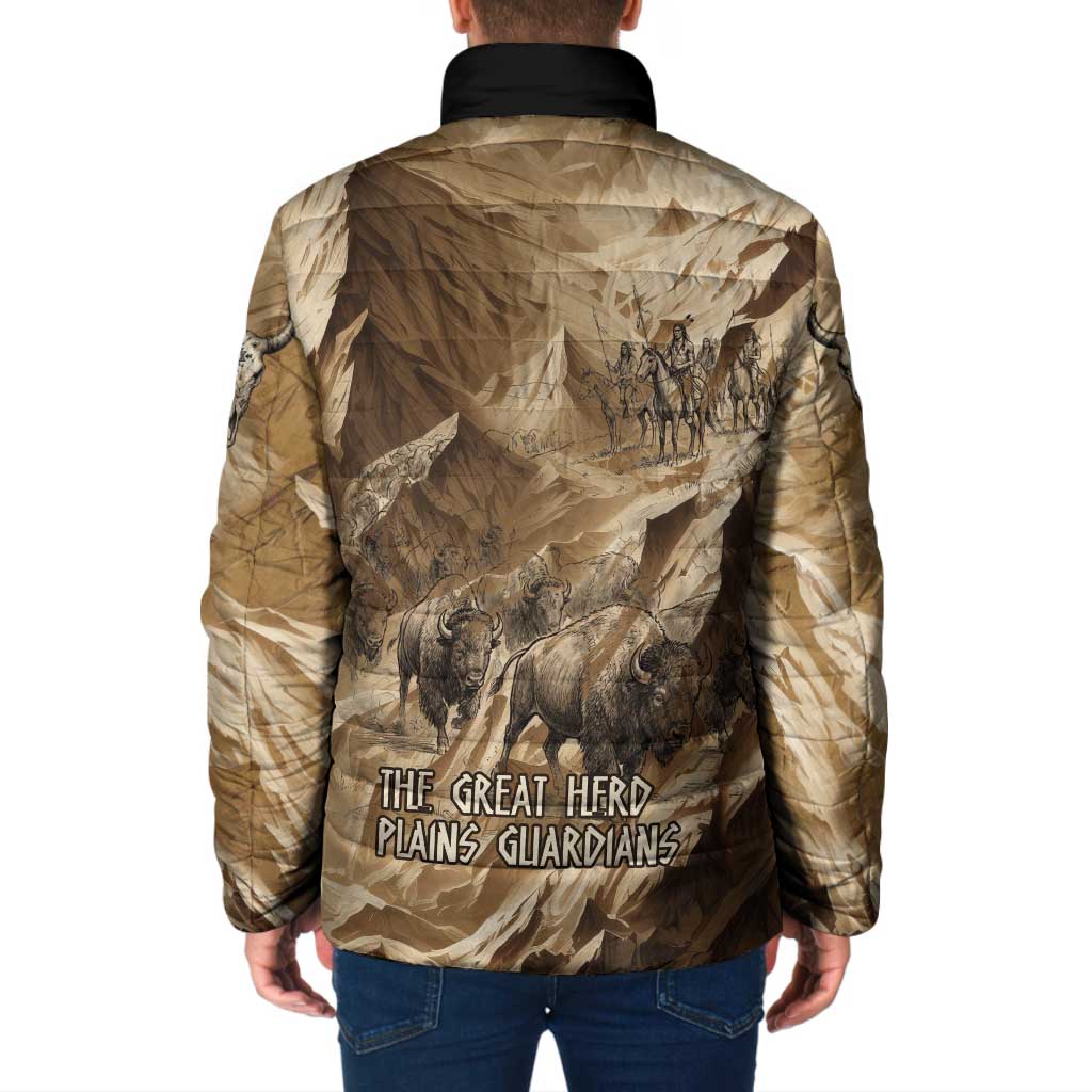 Buffalo Skull Native American Padded Jacket Tribal Symbols and Mountain Scene Great Herd and Plains Guardians - Wonder Print Shop