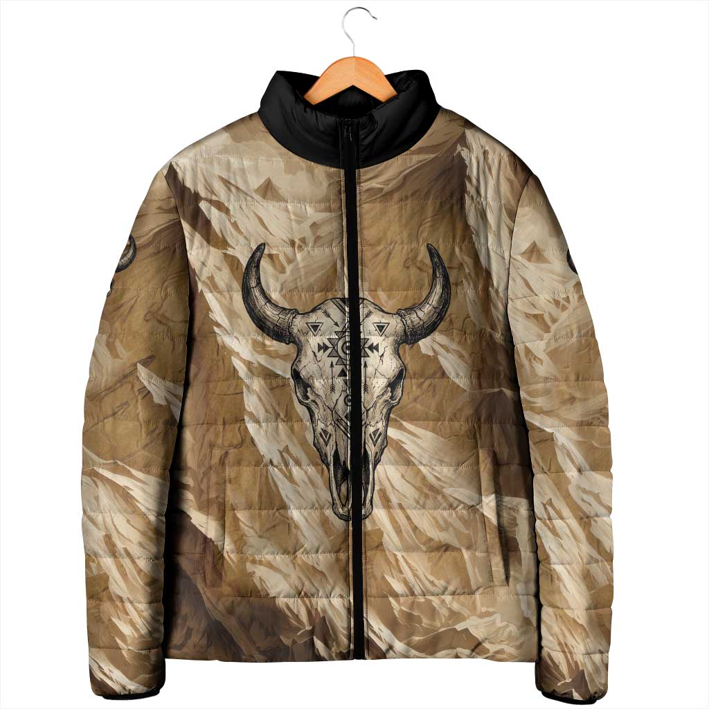 Buffalo Skull Native American Padded Jacket Tribal Symbols and Mountain Scene Great Herd and Plains Guardians - Wonder Print Shop