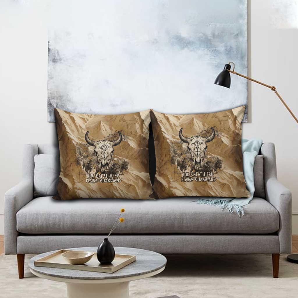 Buffalo Skull Native American Pillow Cover Tribal Symbols and Mountain Scene Great Herd and Plains Guardians - Wonder Print Shop