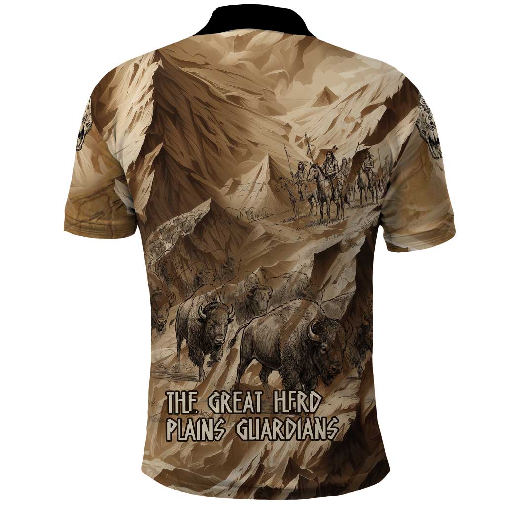Buffalo Skull Native American Polo Shirt Tribal Symbols and Mountain Scene Great Herd and Plains Guardians - Wonder Print Shop