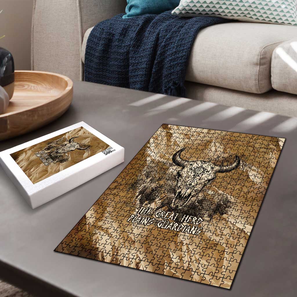 Buffalo Skull Native American Puzzle Tribal Symbols and Mountain Scene Great Herd and Plains Guardians - Wonder Print Shop