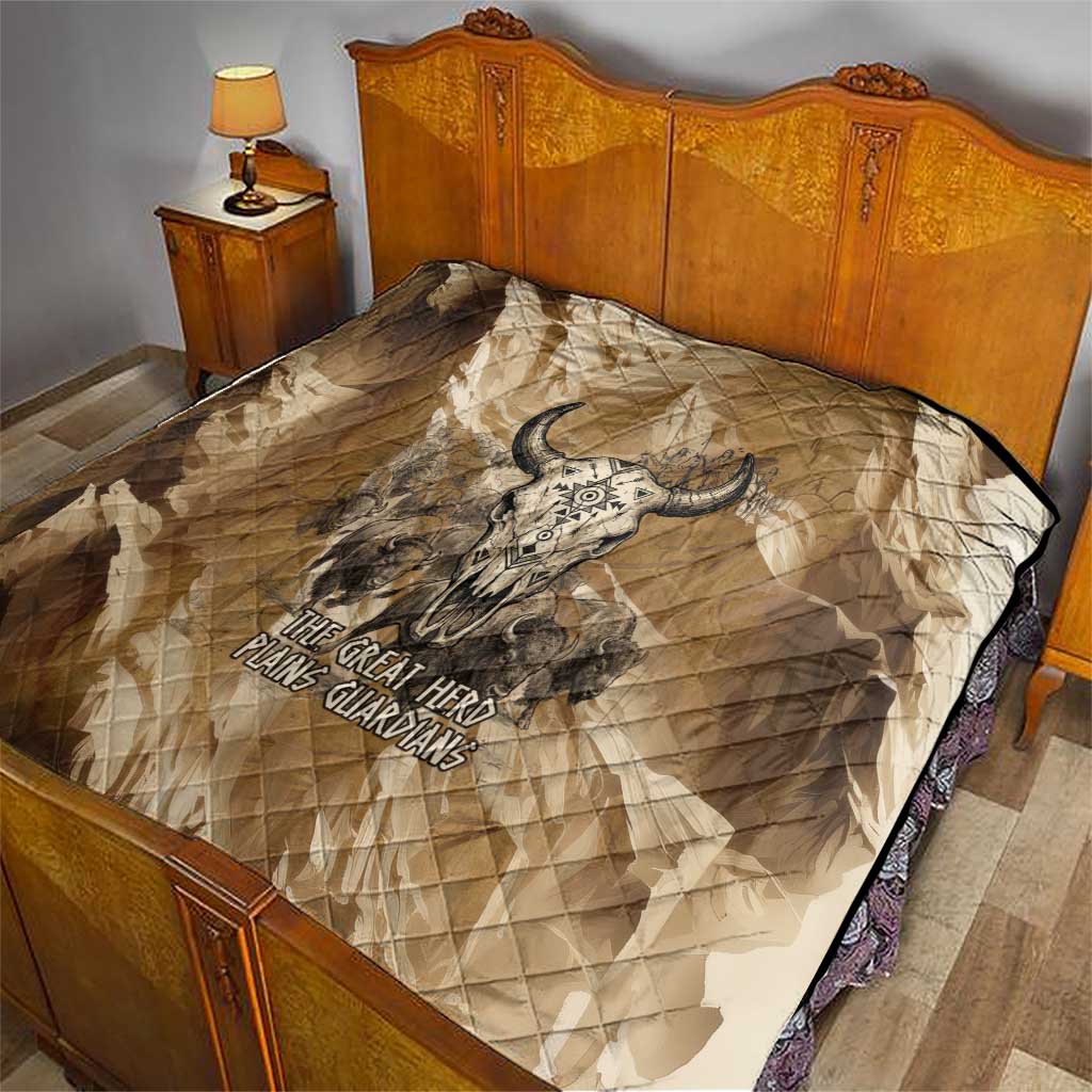 Buffalo Skull Native American Quilt Tribal Symbols and Mountain Scene Great Herd and Plains Guardians - Wonder Print Shop