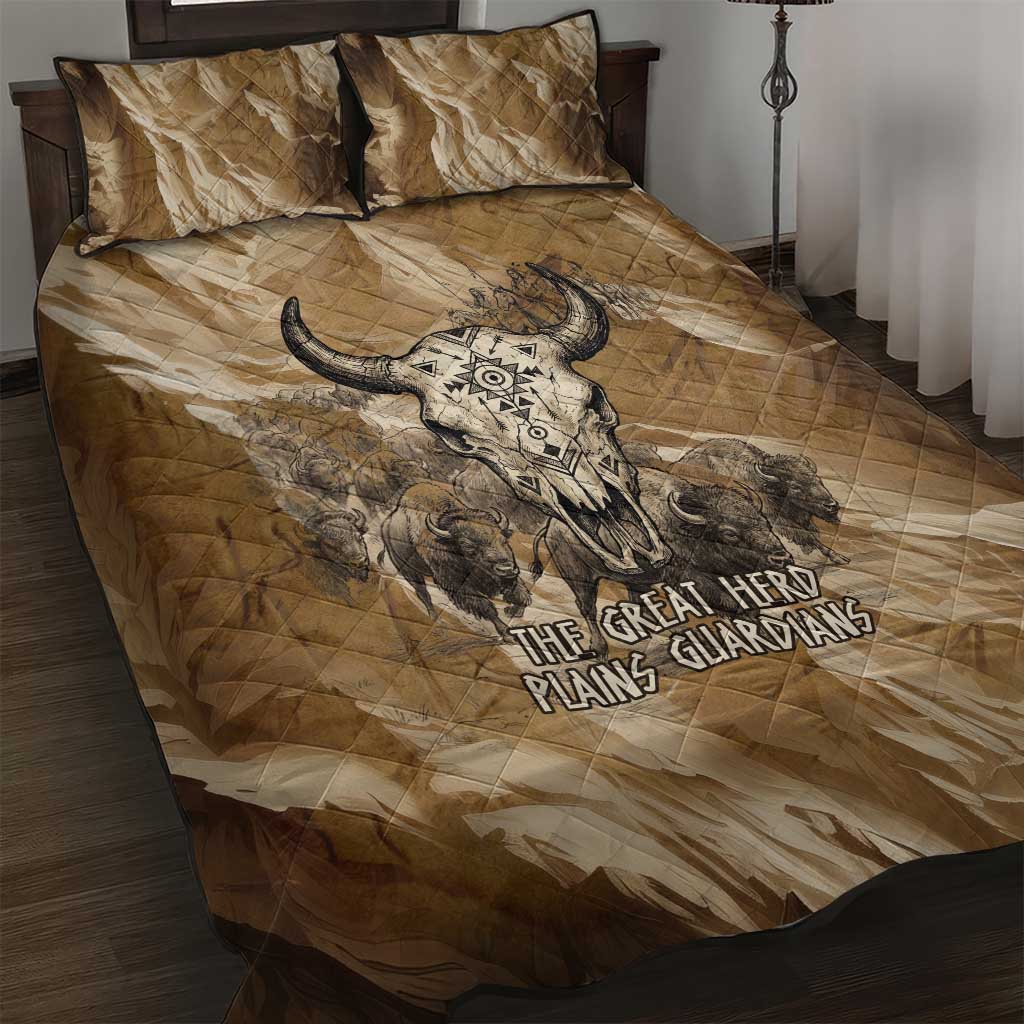 Buffalo Skull Native American Quilt Bed Set Tribal Symbols and Mountain Scene Great Herd and Plains Guardians - Wonder Print Shop