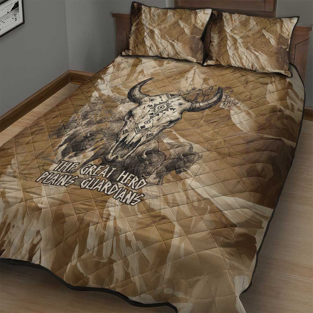 Buffalo Skull Native American Quilt Bed Set Tribal Symbols and Mountain Scene Great Herd and Plains Guardians - Wonder Print Shop