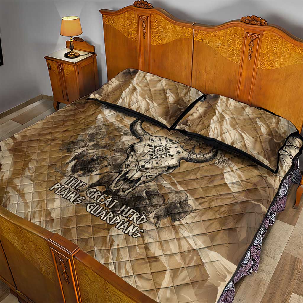 Buffalo Skull Native American Quilt Bed Set Tribal Symbols and Mountain Scene Great Herd and Plains Guardians - Wonder Print Shop