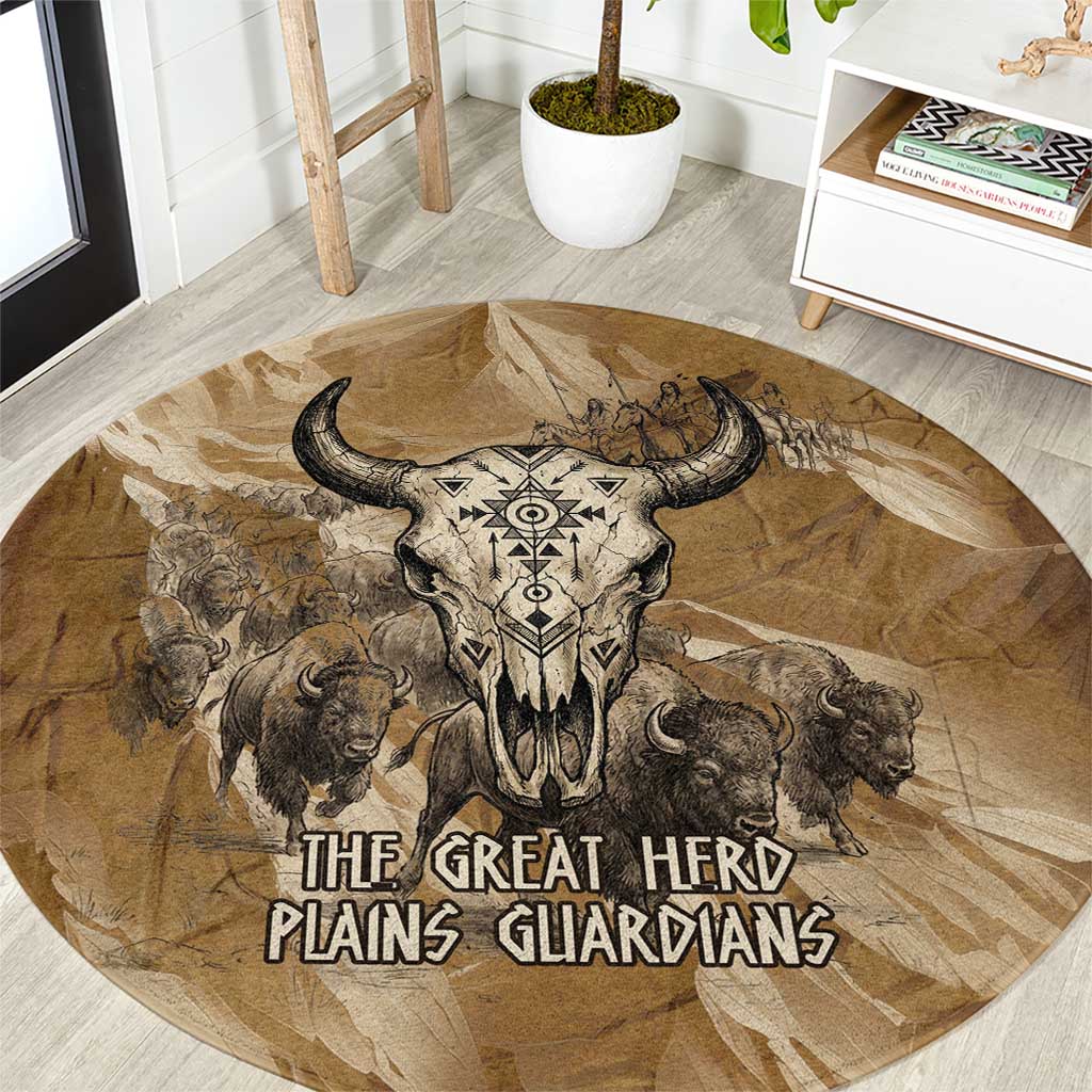 Buffalo Skull Native American Round Carpet Tribal Symbols and Mountain Scene Great Herd and Plains Guardians - Wonder Print Shop