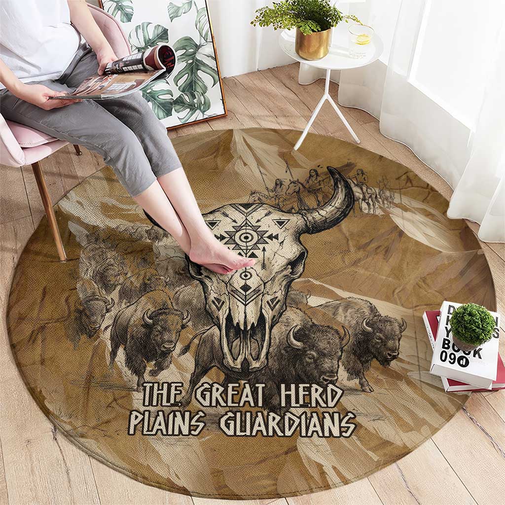 Buffalo Skull Native American Round Carpet Tribal Symbols and Mountain Scene Great Herd and Plains Guardians - Wonder Print Shop